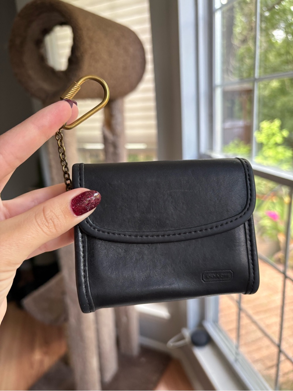 Vintage Coach Black Leather Mini Wallet with Brass-Tone Chain